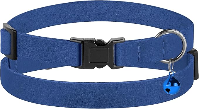 Breakaway Cat Collar Leather with Removable Bell - 13 Colors Available - Soft Adjustable Girl Boy Safety Lightweight Pet Kitten Collars Pink Brown Blue Green Red Orange Black (Blue)-PawvioPets