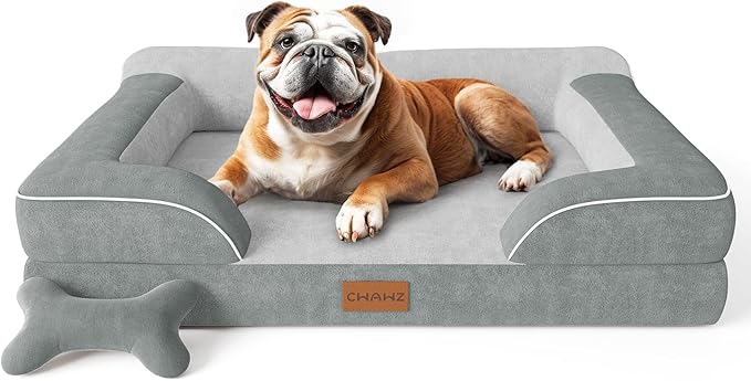 Dog Beds for Large Dogs, Orthopedic Dog Bed with Cooling Gel Memory Foam, Waterproof Large Pet Bed with Removable Washable Cover, 36" Pet Sofa Couch Dutch Velvet with Bone Toy, Light Gray-PawvioPets