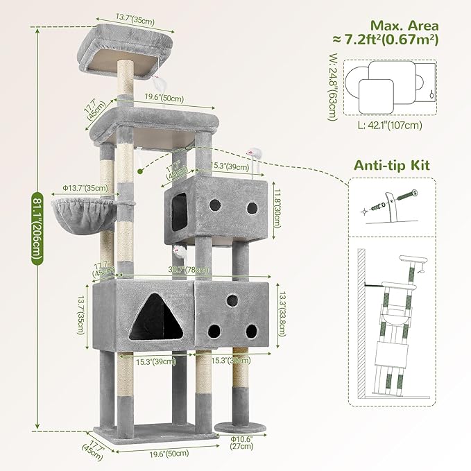 Globlazer Extra Large Cat Tower, 81-inch Tall Cat Tree for Big Cats 20 lbs, XXL Heavy Duty Cat Scratching Tower for Indoor Adult Cats with 3 Cat Condos, 8 Scratching Posts, F81, Light Grey-PawvioPets