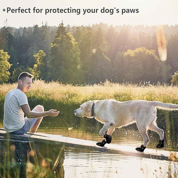 Dog Shoes, Dog Sandals for Hot Pavement, Non-Slip Waterproof Dog Booties for Winter Snowy Day and Summer, Adjustable Straps Easy-Clean Beach Outdoor Pet Boots Rugged Sole-4Pcs Black-PawvioPets