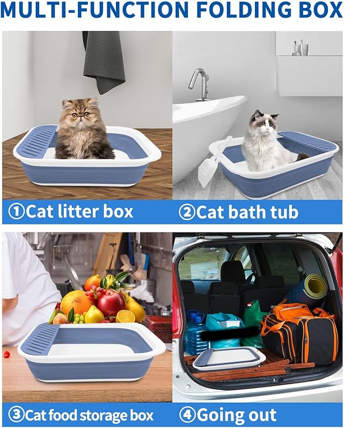 BNOSDM Collapsible Small Cat Litter Box for Kittens Open Potty Pan Foldable Cat Toilet with Scoop Senior Kitty Travel Shallow Litters Boxes Anti-Splash Waterproof Blue 17.7"×13.4"-PawvioPets