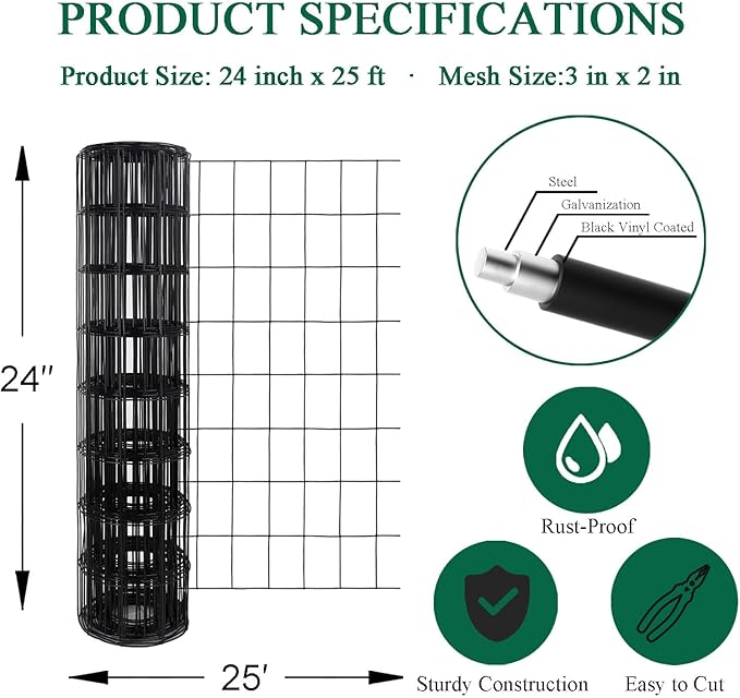 Black PVC Coated Welded Wire Fence 24 Inch x 25 Foot, 2 Inch x 3 Inch 16GA, Garden Border Fencing Roll Vinyl Coating Metal Wire Mesh for Yard Vegetable Plant Protection Poultry Netting-PawvioPets