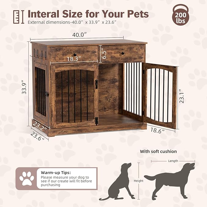 40 Inch Furniture-Style Dog Crate-Multipurpose Wood Pet Crate Furniture with Double Doors,2 Drawers, Decorative Dog House Indoor for Smal/Medium Dogs, Brown Finish-PawvioPets
