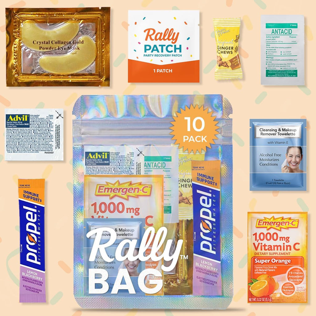 The Rally Bag - 10 Pre-Filled Hangover Kits – Bulk Pre-Filled Hangover Gift Bags, Recovery Kits & Goody Bags for Bachelorette Party Favors, Girls Trip Essentials, Wedding Parties & 21st Birthdays by Real Vitamins (10 Kits)