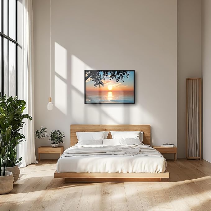 Framed Large Lake Sunset Wall Art, Oversized Natural Landscape Wall Decor for Living Room, Tree Leaves Canvas Painting Pictures Home Decoration for Living Room Bedroom Office 36"x24"-PawvioPets