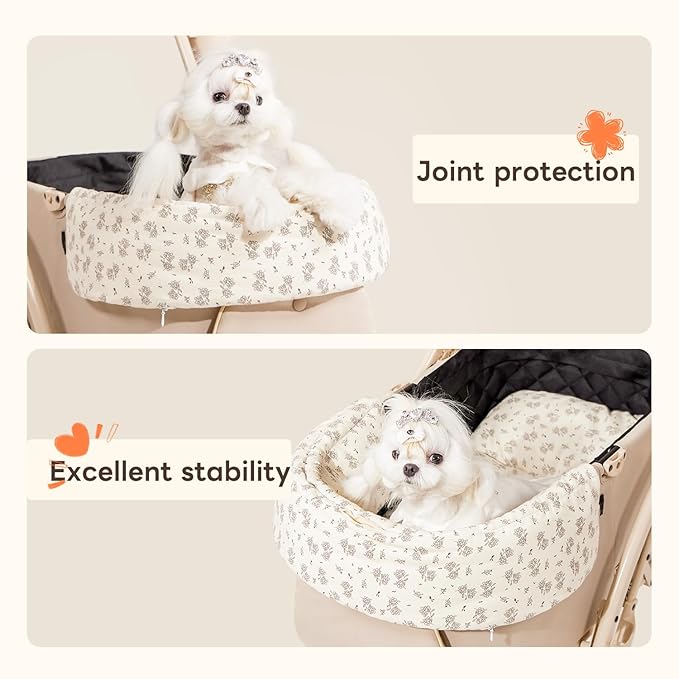 Dog Stroller Cushion & Mat, Pet Stroller Cushion for Dogs & Cats, 5-Level Waterproof & Removable Inner Core, Dog-Ergonomic 3-Zone Support, 4-inch Thickness (Flower Set)-PawvioPets