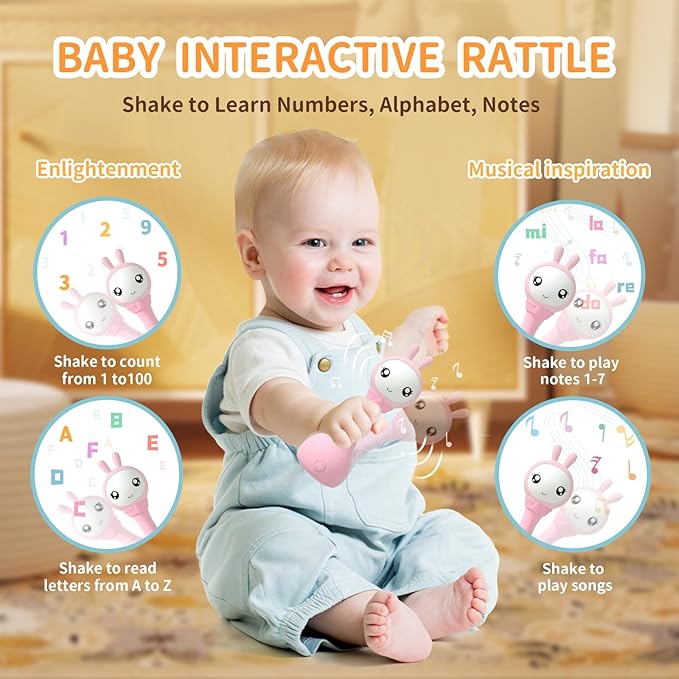 alilo Yoyo Talking Bunny Baby Musical Light-Up Rattle Toys 0-6-12-18 Months, Voice Mimicking Toy, Preloaded 90+ Audio Content, ABC/Number/Notes Learning Toys for Baby Infant Newborn Boy Girl Gifts-PawvioPets