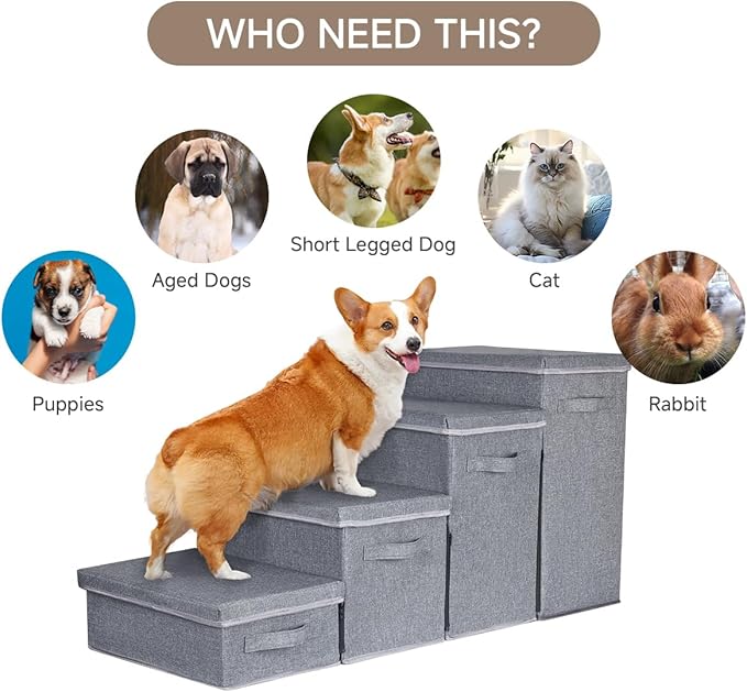 Dog Stairs with Storage, 4-Step Folding Pet Steps for Small Dogs and Cats, Pet Steps Storage with Zip, Pet Stairs for High Bed, Couch and Car Ramp (Gray, 4 Steps no Condo)-PawvioPets