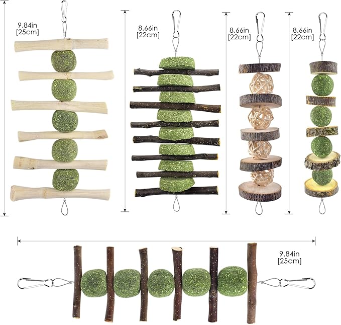 ERKOON Bunny Chew Toys, Rabbit Chew Toys for Teeth Grinding, Improve Dental Health, 100% Natural Apple Wood Timothy Grass Cake Treats for Rabbits Guinea Pigs Chinchillas Bunnies Hamsters (5 Pcs)-PawvioPets