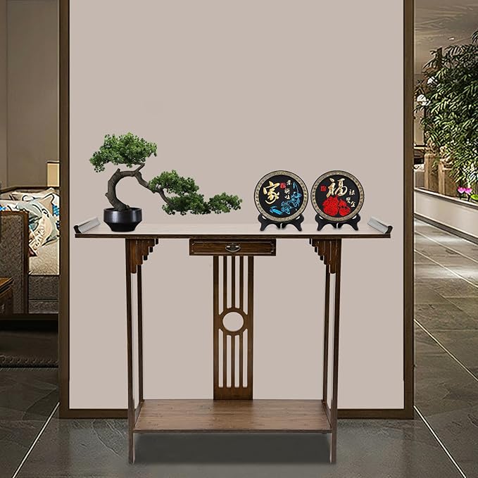 Console Table with Storage Shelves, 2 Tiers L 40.1” Narrow Sofa Table with Drawers, Bamboo Entryway Table for Small Spaces, Living Room Hallway Foyer Corridor Wood Entry Table-PawvioPets