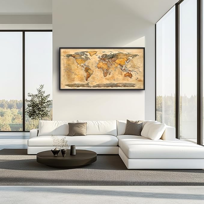 Extra Large World Map Framed Wall Art for Living Room,Oversized Vintage Map of The World Pictures Wall Decor,Canvas Print Painting Modern Artwork Bedroom Office Bathroom 60L" x 30W"-PawvioPets