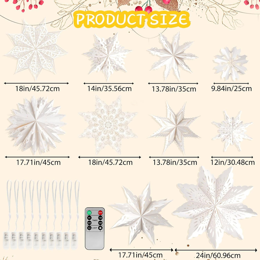 10 Pcs Christmas Paper Snowflake Lanterns, Large Christmas Paper Star Lanterns with LED Lights White Hanging Snowflake Lamp Ornaments for Xmas Winter Frozen Weddings Birthday Holiday Party Decorations