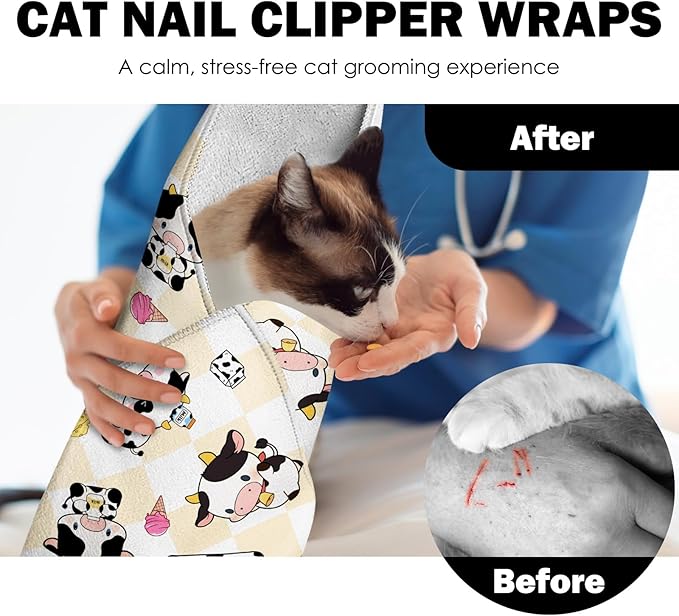 27.6" Cat Grooming Wrap, Self Adhesive Cat Wrap for Cutting Nails, Anti-Escape Calming Cat Swaddle Wrap for Medicine Ear Cleaning, Cartoon Cow Anti-Scratch Cats Burrito Restraint Blanket, Pet Tool-PawvioPets