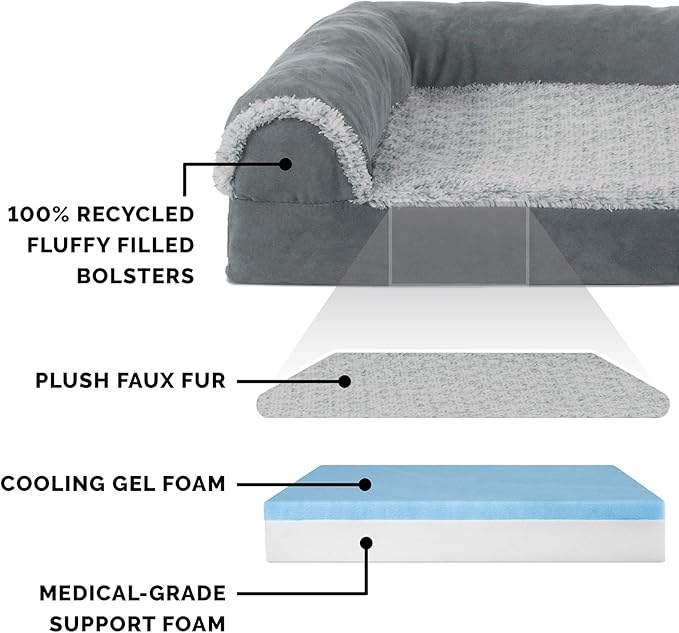 Furhaven Cooling Gel Dog Bed for Large/Medium Dogs w/ Removable Bolsters & Washable Cover, For Dogs Up to 55 lbs - Two-Tone Plush Faux Fur & Suede L Shaped Chaise - Stone Gray, Large-PawvioPets