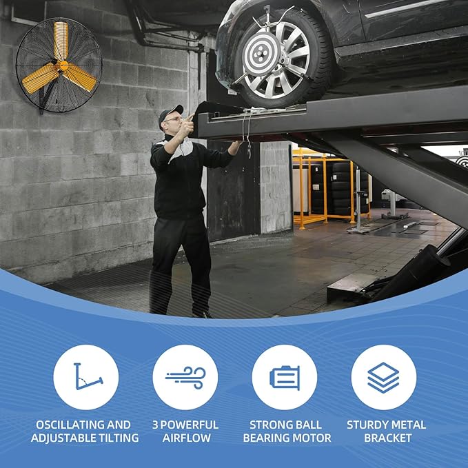 24 inch Oscillating High Velocity Wall Mount Fan, 7600 CFM Industrial Heavy Duty Metal Wall Fan, 3 Speeds, Adjustable Height and Tilt, Commercial Shop Fans for Garage, Workshop-PawvioPets