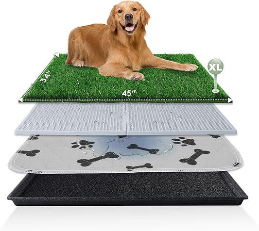 Dog Grass Pad with Tray Extra Large 45”×34” Ultra-Absorbent Artificial Grass Pad for Dogs Potty Grass Hemmed Edge for Indoor Potty Training, Reusable Dogs Pee Pads, Dog Litter Box Balcony-PawvioPets