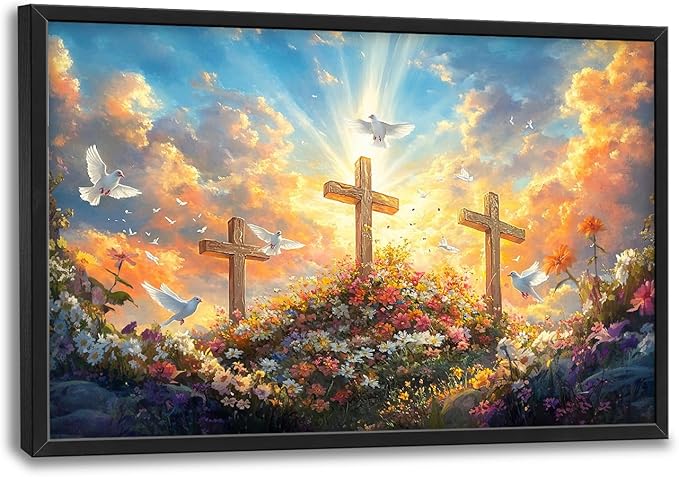 Framed Large Christian Jesus Wall Art, Oversized Floral Dove Wall Decor for Living Room, Landscape Canvas Painting Peaceful Pictures Modern Artwork for Living Room Bedroom Office 36"x24"-PawvioPets