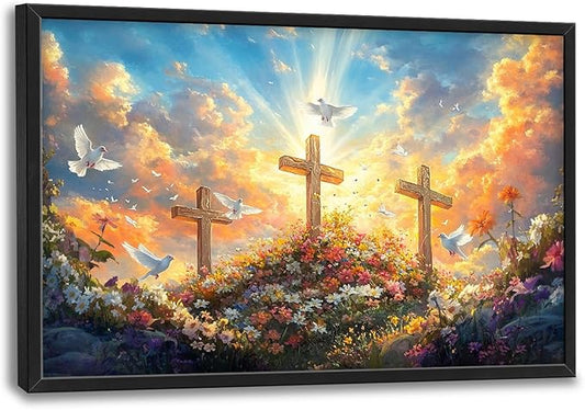Framed Large Christian Jesus Wall Art, Oversized Floral Dove Wall Decor for Living Room, Landscape Canvas Painting Peaceful Pictures Modern Artwork for Living Room Bedroom Office 36"x24"-PawvioPets