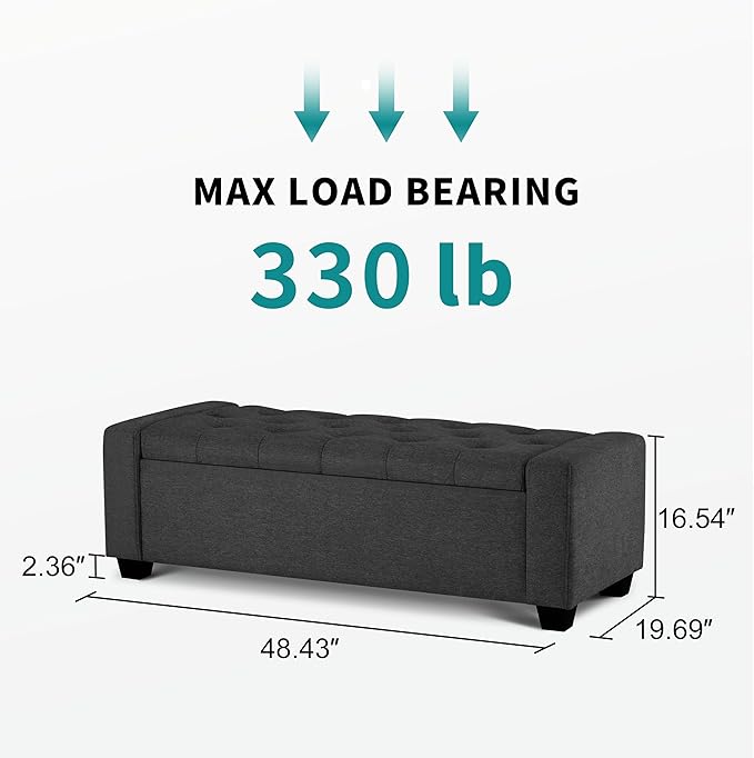 48" Ottoman with Storage, Storage Ottoman Bench with Safety Hinge, Upholstered Entryway Bench with Seating for Bedroom, Living Room, Holds up to 330 lb, Dark Gray-PawvioPets