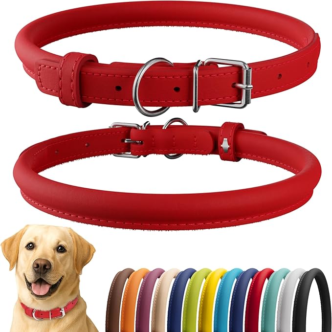 CollarDirect Rolled Leather Dog Collar, Soft Padded Round Puppy Collar, Handmade Genuine Leather Collar Dog Small Large Cat Collars 13 Colors (18-22 Inch, Red Smooth)-PawvioPets