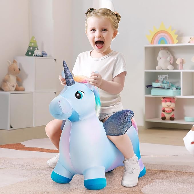 EVERICH TOY Unicorn Bouncy Horses Inflatable Plush Hopping Toy Bouncing Hopper Animals for Toddlers,Outdoor&Indoor Bouncy Animals for Toddlers,Gift for 18 Months 2 3 4 Year Old (W/Pump)-PawvioPets