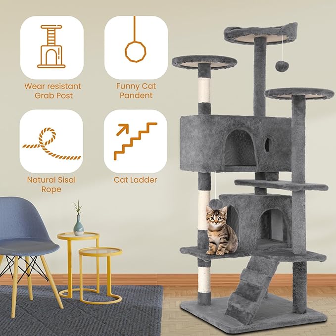 54.7 Inches Cat Tower for Indoor Cats, Multi-Level Cat Condos with Scratching Posts, Hanging Toys, Light Gray-PawvioPets