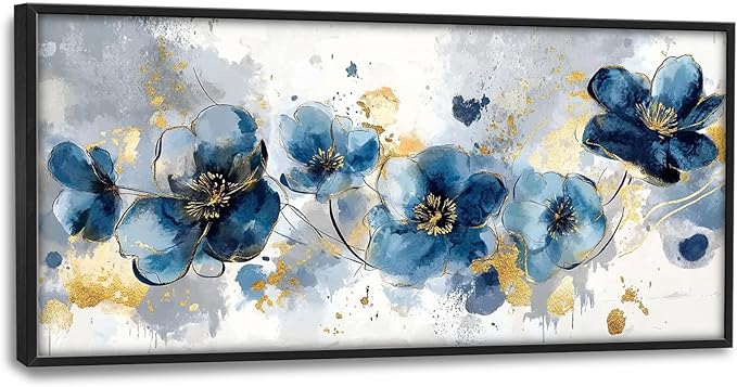 Extra Large Framed Abstract Blue Flower Wall Art,Oversized Golden Grey Floral Wall Decor Pictures for Living Room,Canvas Print Painting Modern Artwork Bedroom Office Bathroom Home Decor 60L" x 30W"-PawvioPets