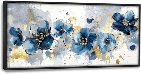 Extra Large Framed Abstract Blue Flower Wall Art,Oversized Golden Grey Floral Wall Decor Pictures for Living Room,Canvas Print Painting Modern Artwork Bedroom Office Bathroom Home Decor 60L" x 30W"-PawvioPets