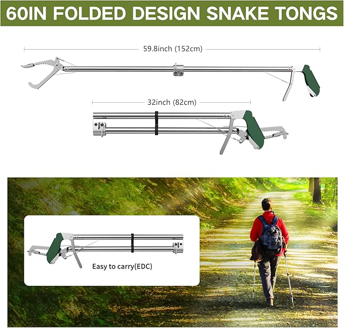 60“ Snake Tongs Collapsible Grabber, Professional Reptile Snake Catcher Wide Jaw Handling Tool, Stainless Steel Snake Hook-PawvioPets