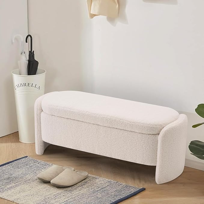 47.6 Inch Lamb Fleece Oval Storage Bench Upholstered Ottoman Bench with Storage, Bedroom Bench with Large Storage Space, for Bedroom Living Room Entryway, Beige-PawvioPets
