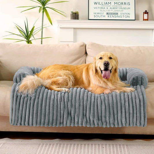 FUNNY FUZZY Pet Couch Cover for Sofa, Calming Dog Bed for Couch, Fluffy Plush Dog Couch Mat for Furniture Protector for Large Medium Small Pets, 47×37 in, Mist Grey-PawvioPets