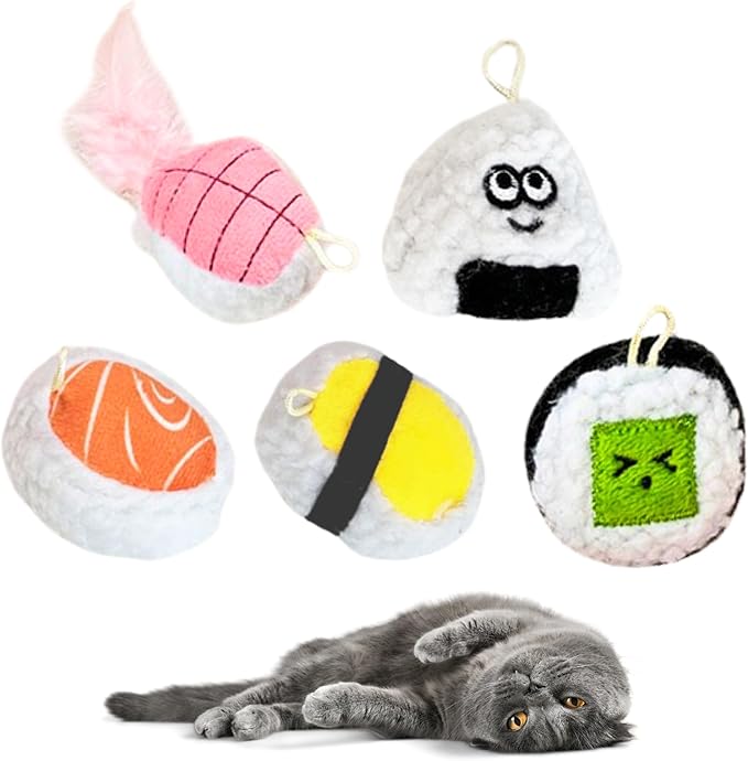 5 Pack Sushi Cat Toys, Interactive Catnip with Bells Inside Kitten Boredom Relief, Soft and Durable, Indoor Kitty Exercise Pet Toys-PawvioPets