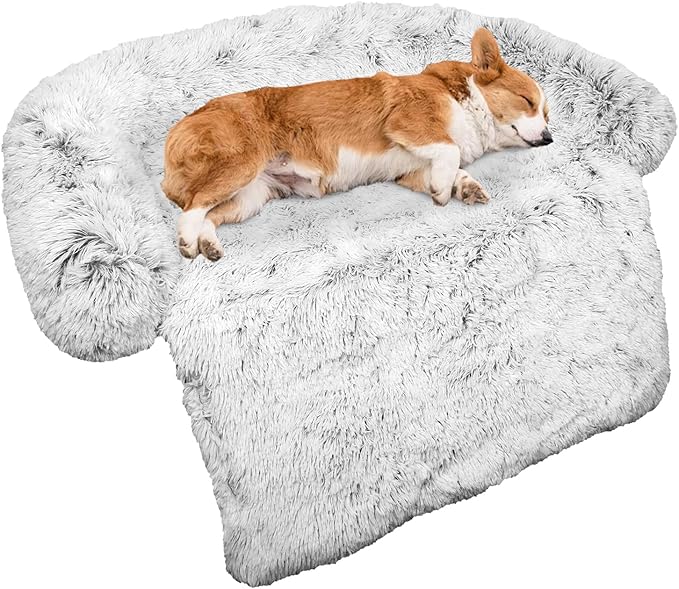 Calming Dog Bed Fluffy Plush Dog Mat for Furniture Protector with Removable Washable Cover for Large Medium Small Dogs and Cats (Medium, Light Grey)-PawvioPets