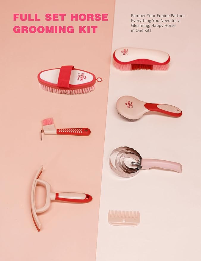 9PCS Horse Grooming Kit Curry Comb Sweat Scraper Horse Bathing Supplies Grooming Tools with Storage Bag Pink Garnet-PawvioPets