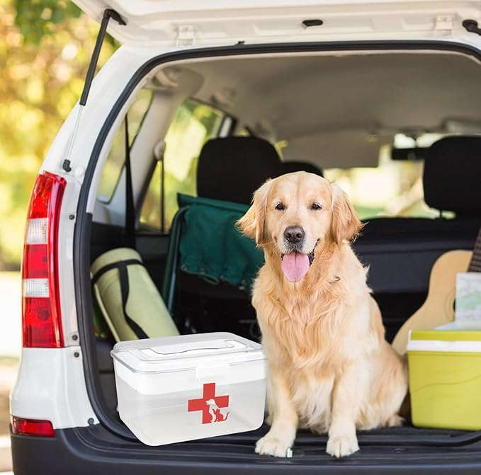 2 Layers Dog First Aid Kit box,Large First Aid Kit Bin,Medic Box for Dog Cat,Empty First Aid Box,Medicine Organizer with Built in Handle,Family or Dog Travel Camping Emergency Tool Set-PawvioPets