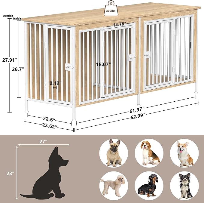 EasyCom 63" Dog Cage Furniture for 2 Pets with Divider, XL Wooden Double Dog Crate Furniture TV Stand for Mideum Breed, Durable and Sturdy-PawvioPets