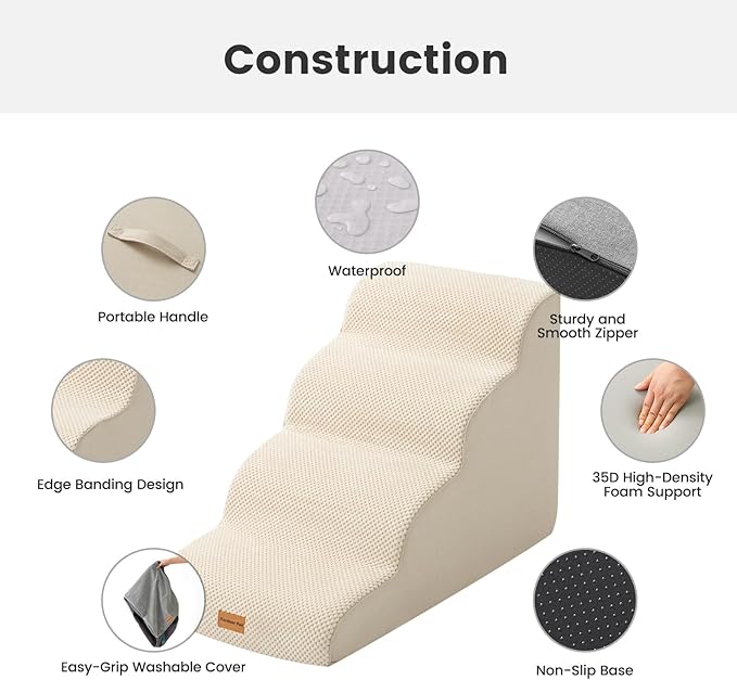 Gardner Pet Dog Stairs for Small Dogs 19.7" H, 4-Step Beige Curved Pet Stairs, Dog Steps for High Bed (18-24 in), Couch with Durable Non-Slip Waterproof Fabric Cover and CertiPUR-US Certified Foam-PawvioPets
