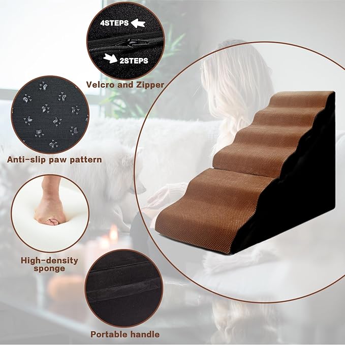 Dog Steps for High Beds 30-32" H - 6-Step Dog Stairs for Small Dogs, 33D Foam Pet Steps for High Bed with Non-Slip Bottom and Washable Cover, Dogs Ramp for Bed Indoor, Brown-PawvioPets