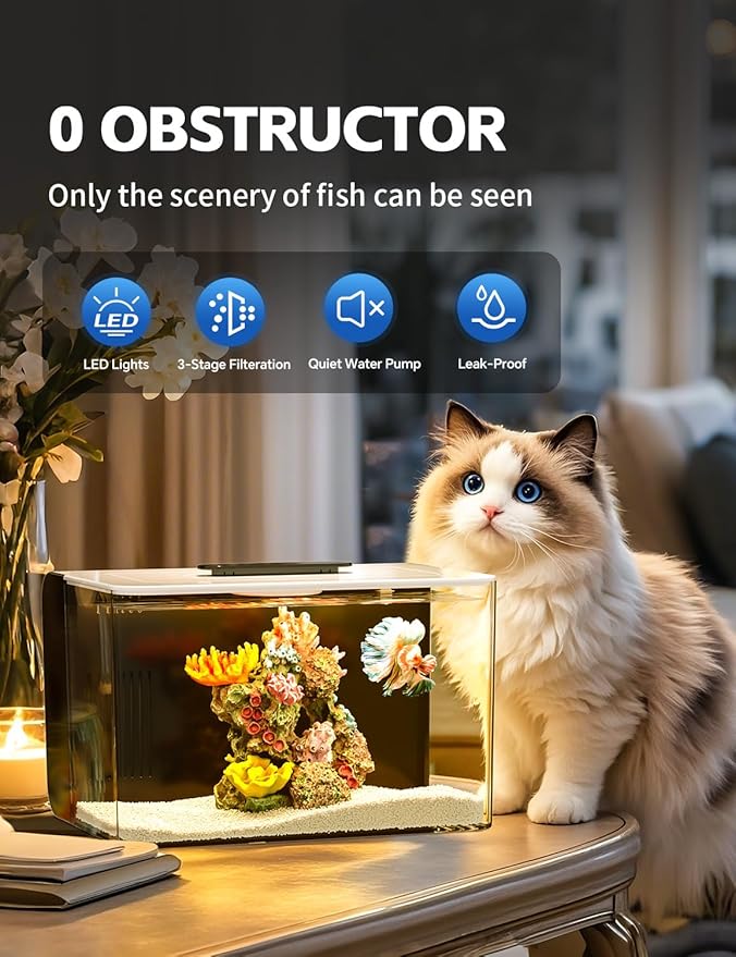 Betta Fish Tank, 2.5 Gallon Aquarium Kit with Modular Filtration, Heater, Light, Self Cleaning, Oxygenation, Small Fish Tank for Goldfish, Guppy, Shrimp-PawvioPets