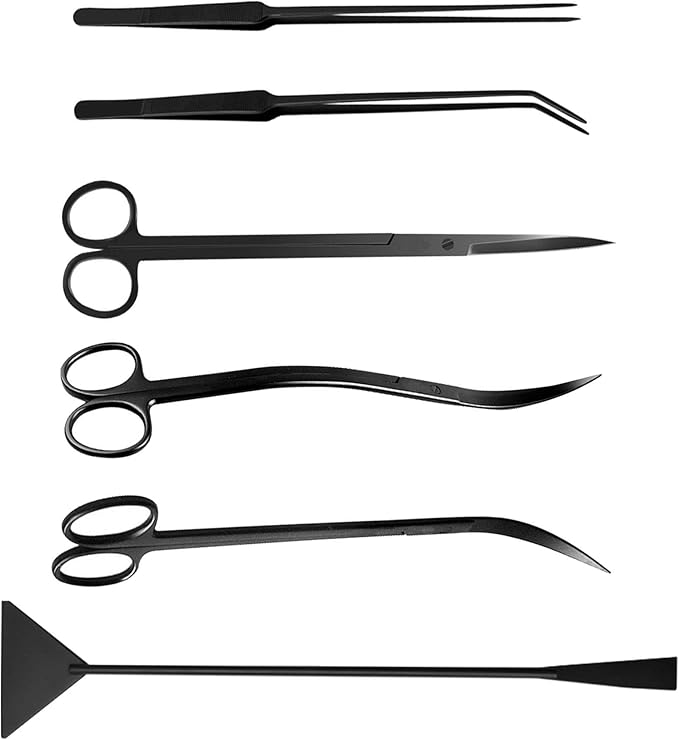 Aquascaping Tools 7 in 1 Kit Aquarium Plant Scissors Tools Set Curved & Waved Scissor Tweezers Spatula Stainless Steel Anti Rust Tools for Aquascape Black-PawvioPets
