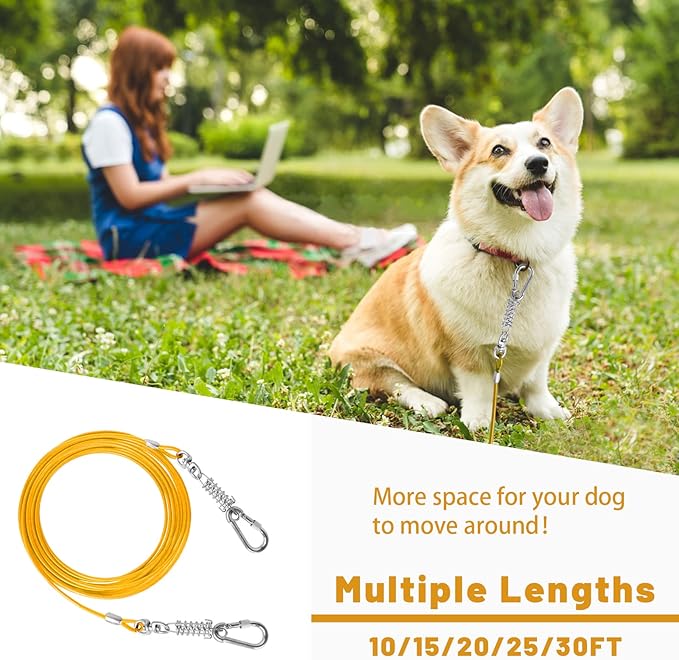 Dog Tie Out Cable - 10/15/20/25/30FT Heavy Duty for Large Dogs Up to 250LBS - Rosy Pink/Blue/Purple/Silver/Red/Green/Yellow-PawvioPets