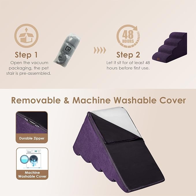 EHEYCIGA Curved Dog Stairs Ramp for High Beds 19.7" H, 4-Step Dog Steps for Small Dogs and Cats, Pet Stairs for High Bed Climbing, Non-Slip Balanced Pet Step Indoor, Purple-PawvioPets