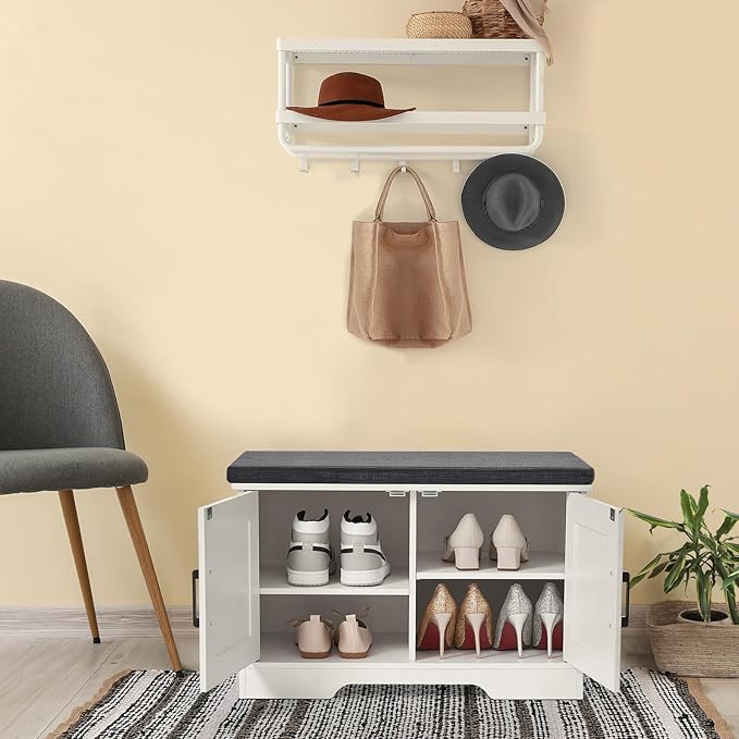 2-Tier Storage Bench, Shoe Bench with Padded Seat Cushion, Entryway Bench with 2 Barn Doors, Adjustable Shelf, 13.8" D x 27.6" W x 17.7" H, for Entryway, Living Room, Bedroom, White-PawvioPets