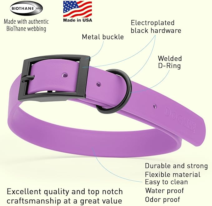 Dogline Biothane Waterproof Dog Collar Strong Coated Nylon Webbing with Black Hardware Odor- Proof for Easy Care Easy to Clean High Performance Fits Small Medium or Large Dogs, Amethyst Purple-PawvioPets