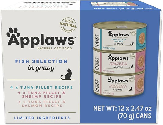 Applaws Natural Wet Cat Food in Gravy, Limited Ingredient Canned Wet Cat Food, Variety Pack, Made with Natural Ingredients, Fish Selection Variety Pack in Gravy (12 x 2.47oz Cans)-PawvioPets