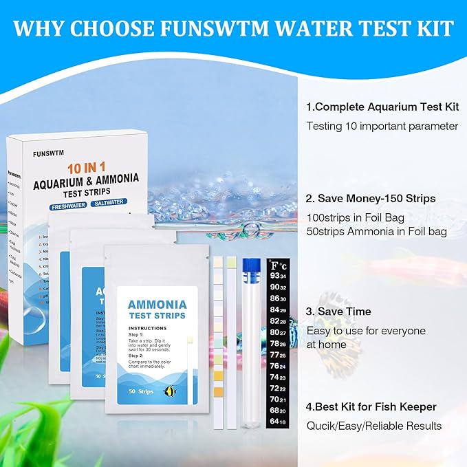 Aquarium Test Strips for Freshwater: 10 in 1 Aquarium Ammonia Test Strips for Fish Tank Ammonia Test Kit for Aquarium Pond - Testing Ammonia Nitrate Nitrite pH,etc-PawvioPets