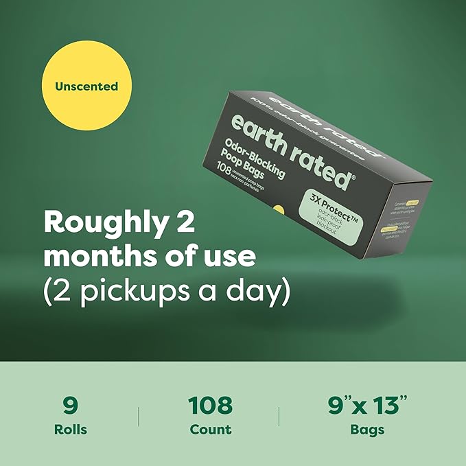 Earth Rated Odor-Blocking Poop Bags for Dogs with 3X Protect, Guaranteed to Block Smells & Leak-Proof Performance, Conceals Smell & Mess, Unscented, 108 Count-PawvioPets