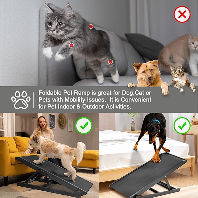 ABORON Dog Ramp,Adjustable Folding Pet Ramp for Bed,Couch,SUV - High Traction Portable Rubber Paw Ramps,Great for Small & Large Old Dogs & Cats, Supports up to 200 lbs,39.3''Long-PawvioPets
