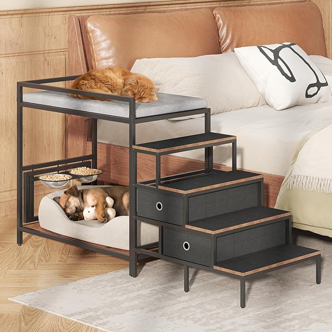 Dog Window Perch with 360° & Adjustable Raised Feeder, Pet Bunk Bed with Removable Stair and 2 Drawers, Elevated Platform Bed, Pet Elevated Seat with Cushion, Paw-Friendly Ladder-PawvioPets