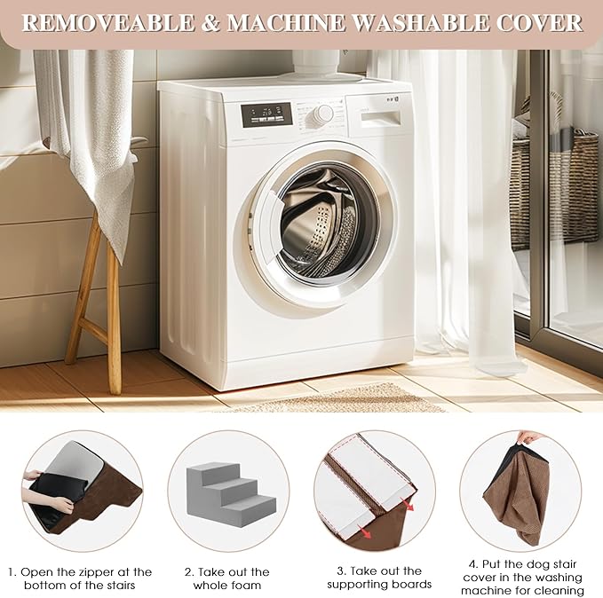 GGIB Dog Stairs for Small Dogs Cats Non-Slip Dog Steps for High Bed Pet Stairs for Sofa Couch Pet Ramp Pet Steps with Removable Washable Cover, Brown, 22" H, 5-Step-PawvioPets